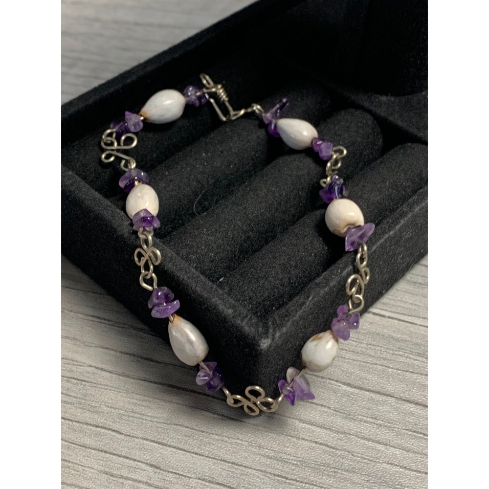 Amethyst Chip and Jobs Tears Seed Artisan Bracelet Silver Tone 8 Inch Bohemian